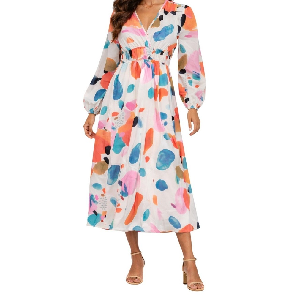 Women Abstract Print‎ V-Neck Maxi Dress Long Sleeve Smocked Waist XL Multicolor